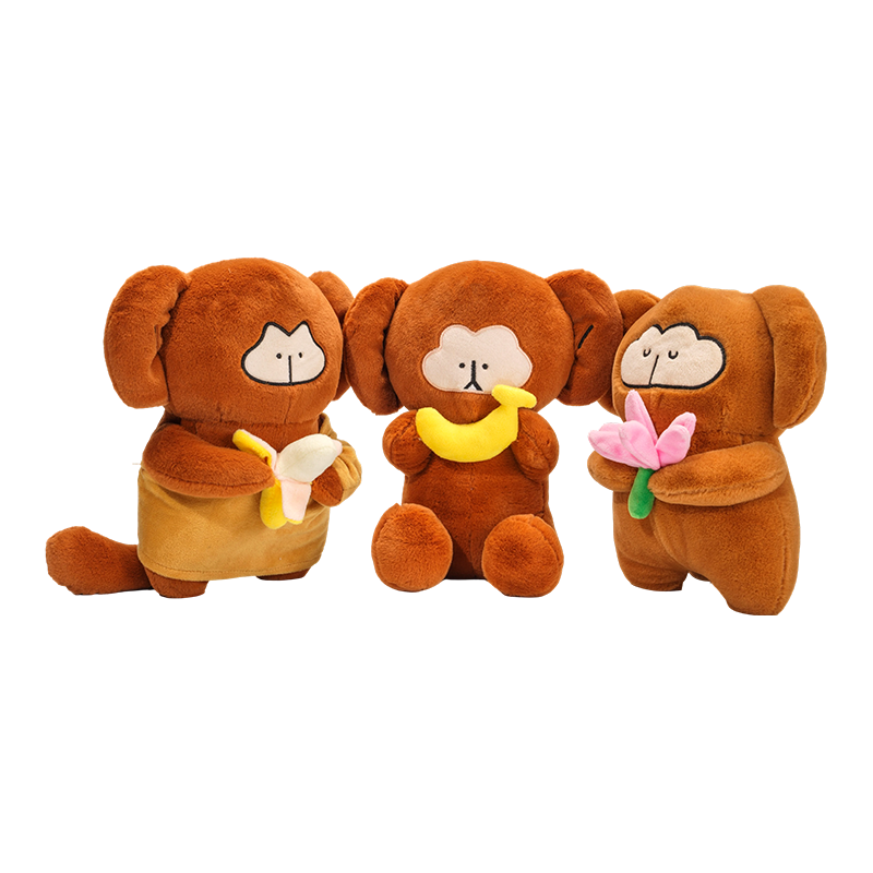 Kaibig-ibig na mga stuffed monkey na mga plush toy na may saging at bulaklak